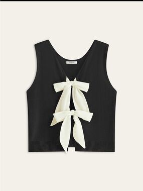 Commense Sleeveless Black Knit Top with Cream Bow Ties
